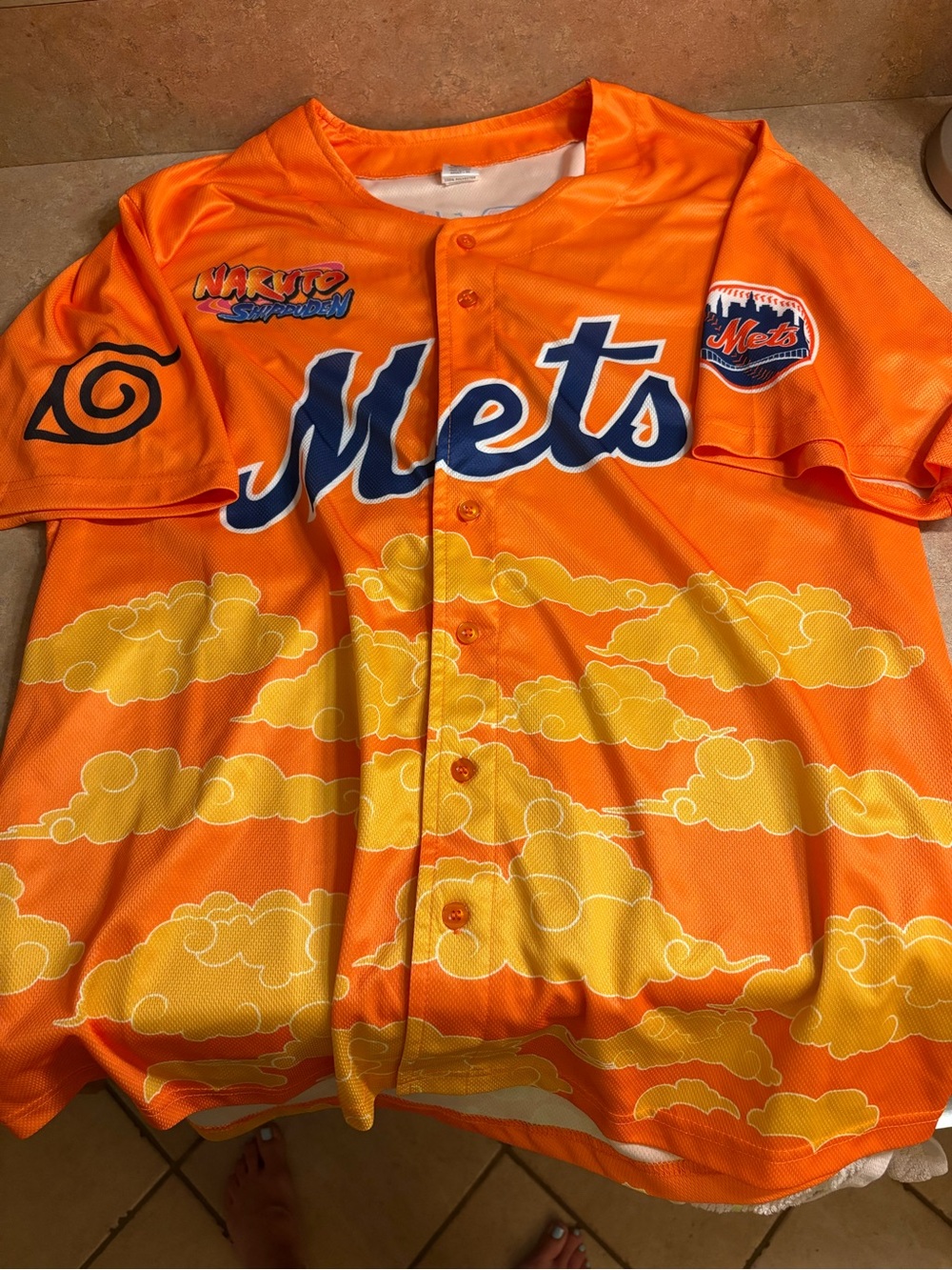 Orange Mets Naruto Graphic Button-Down lightweight jersey. Unisex size XL